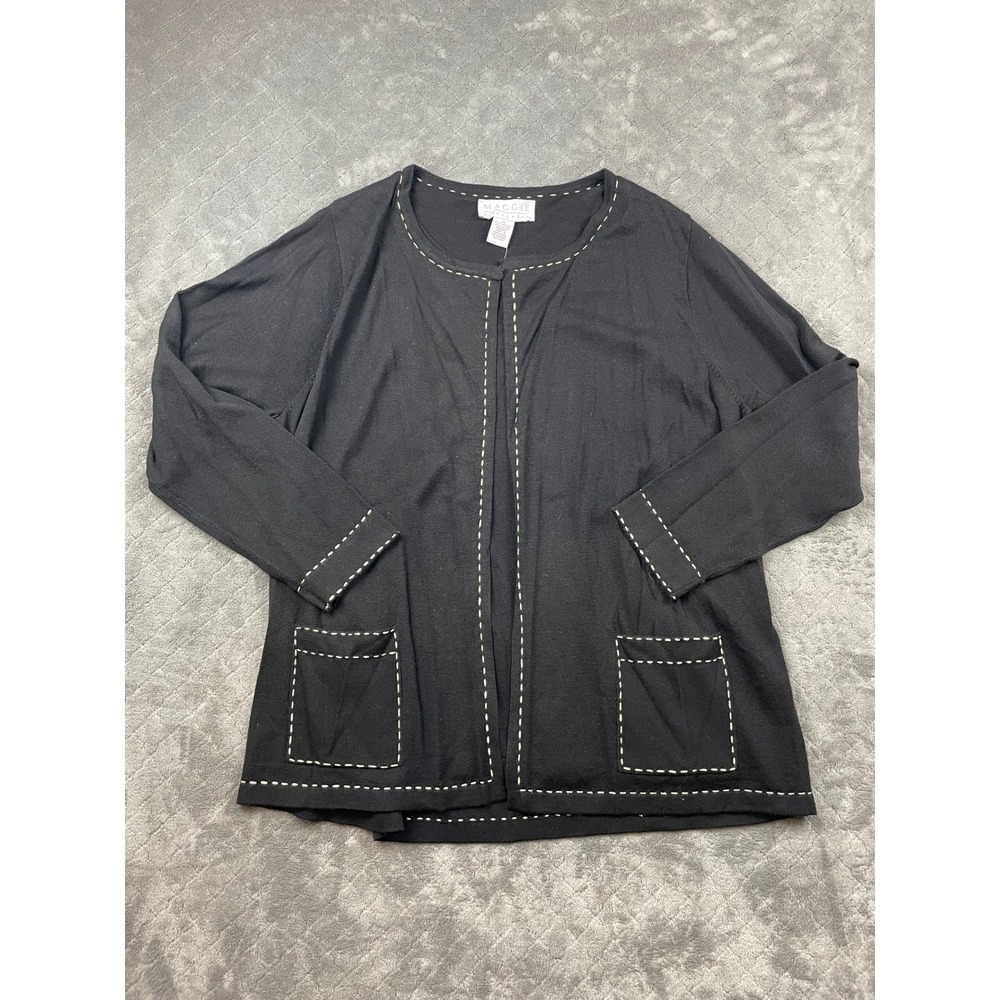 MAGGIE MCNAUCHTON 1X Black Cardigan Sweater Open Front‎ Pockets Contrast Stitch